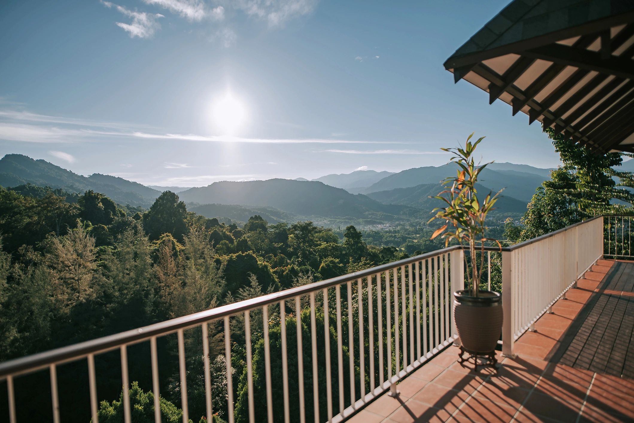 Luxury lodge walkway with mountain views