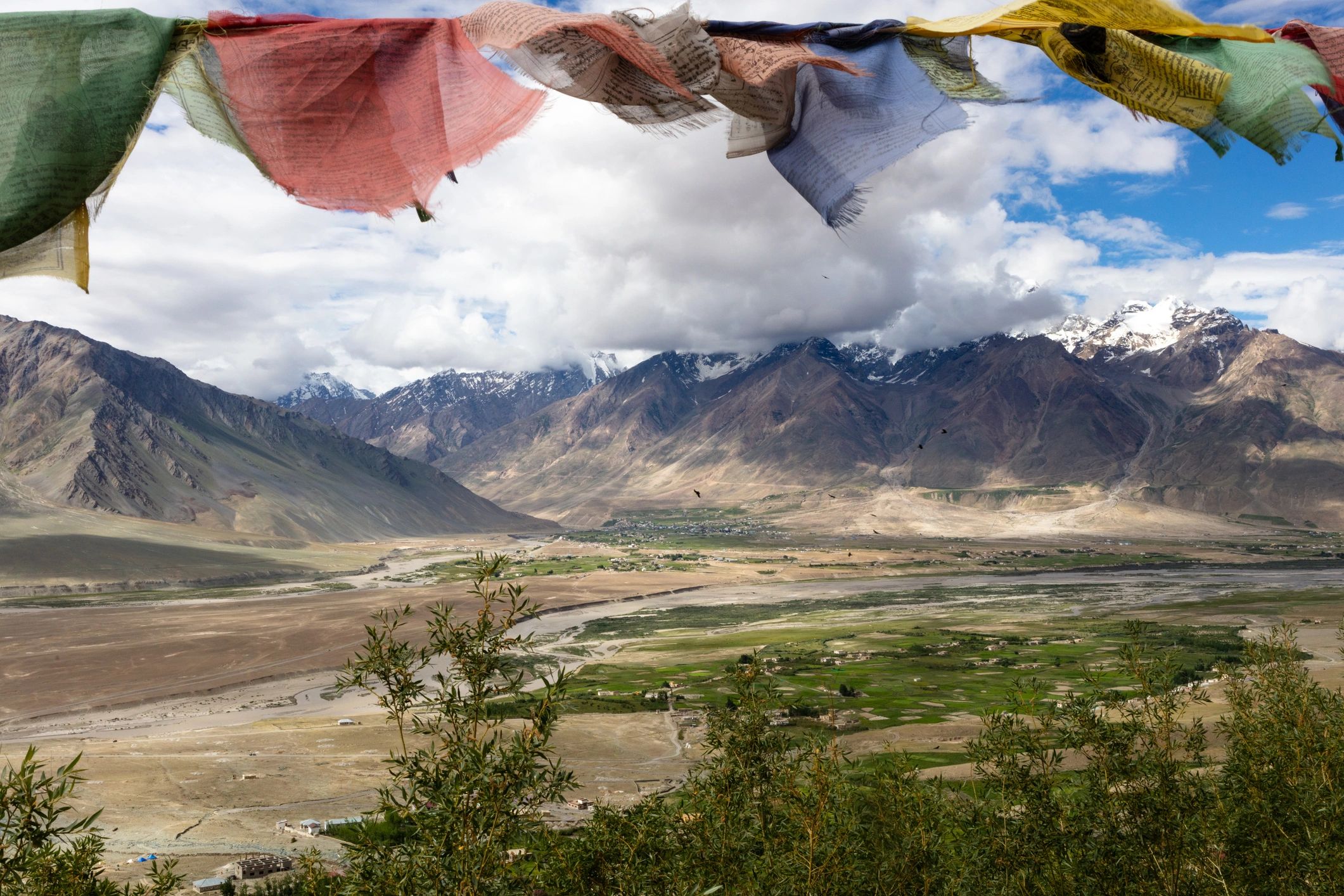 Prayer flags and mountain scenery in the Himalayas