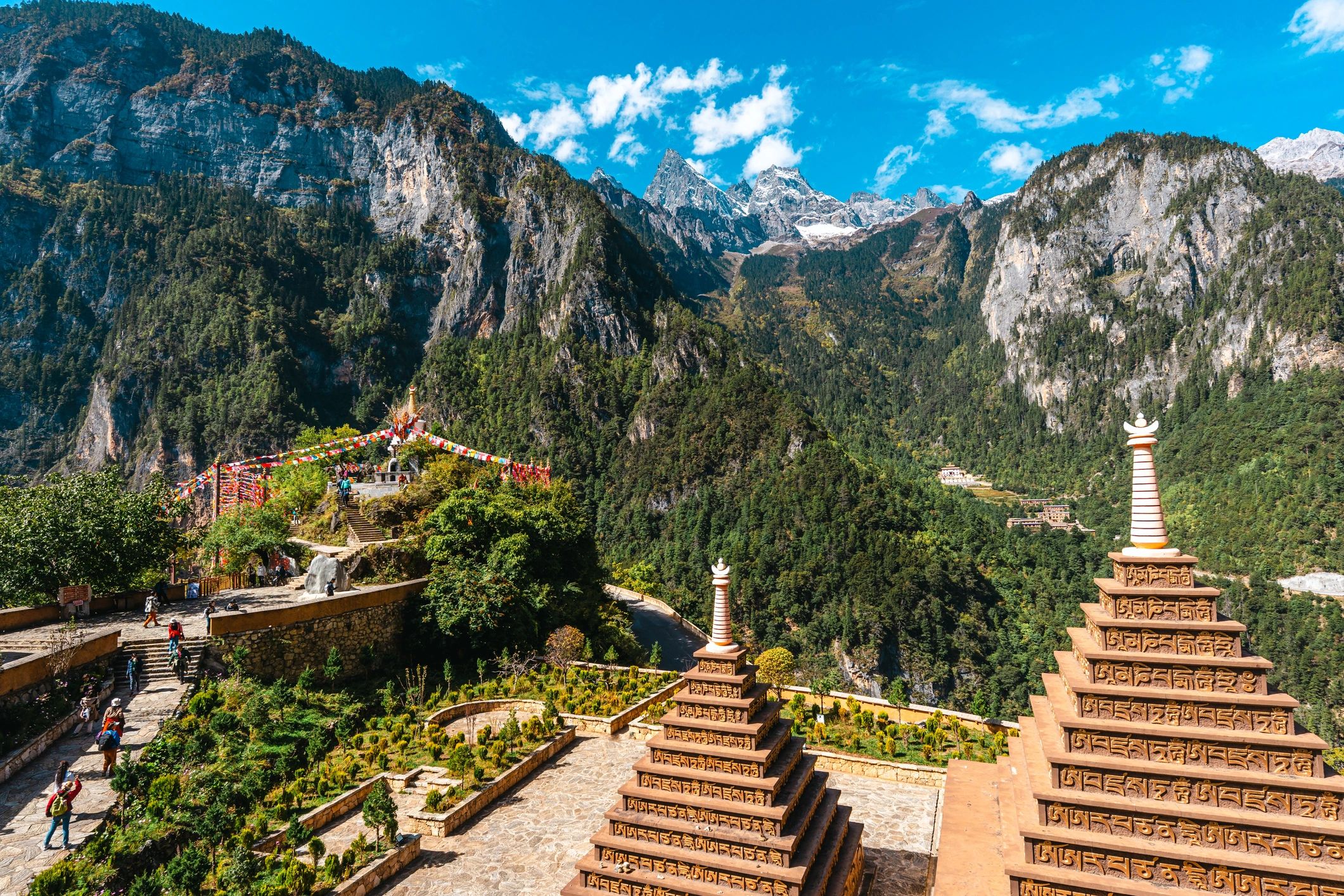 Buddhist stupa with prayer flags and mountain backdrop